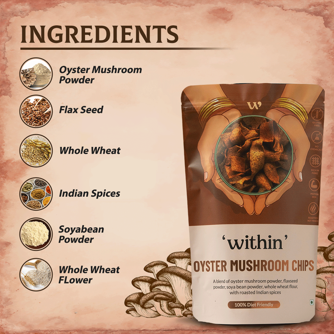 Ingredients of Oyster Mushroom Chips – mushrooms, flax seeds, clean spices