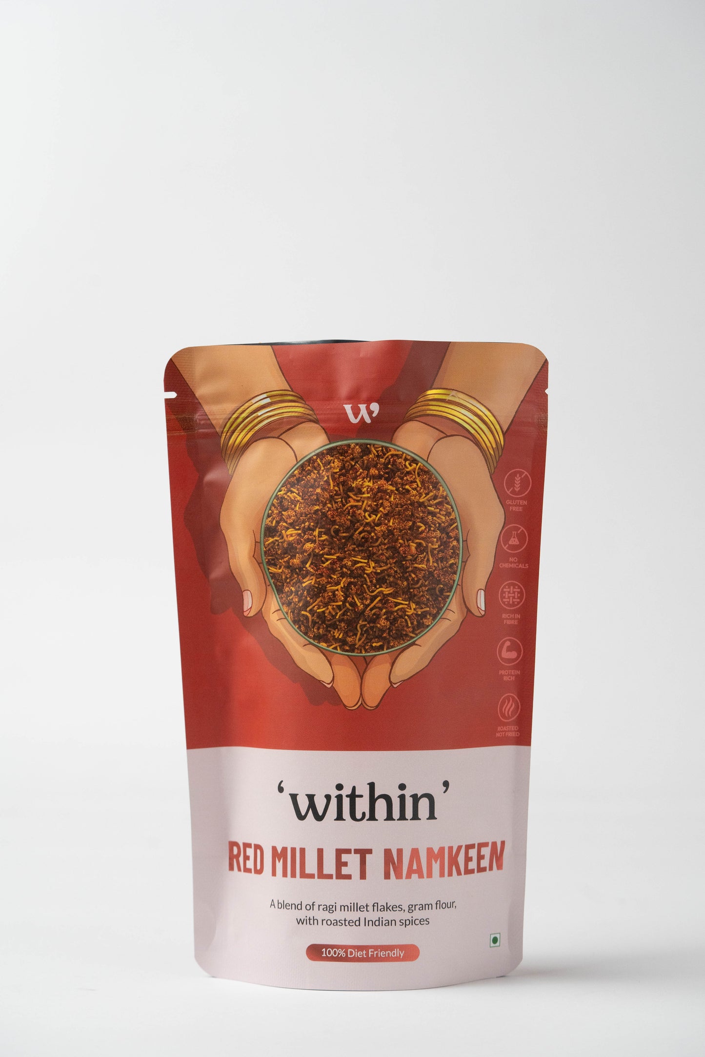 Red Millet Namkeen in zip-lock pouch – side angle view of healthy snack