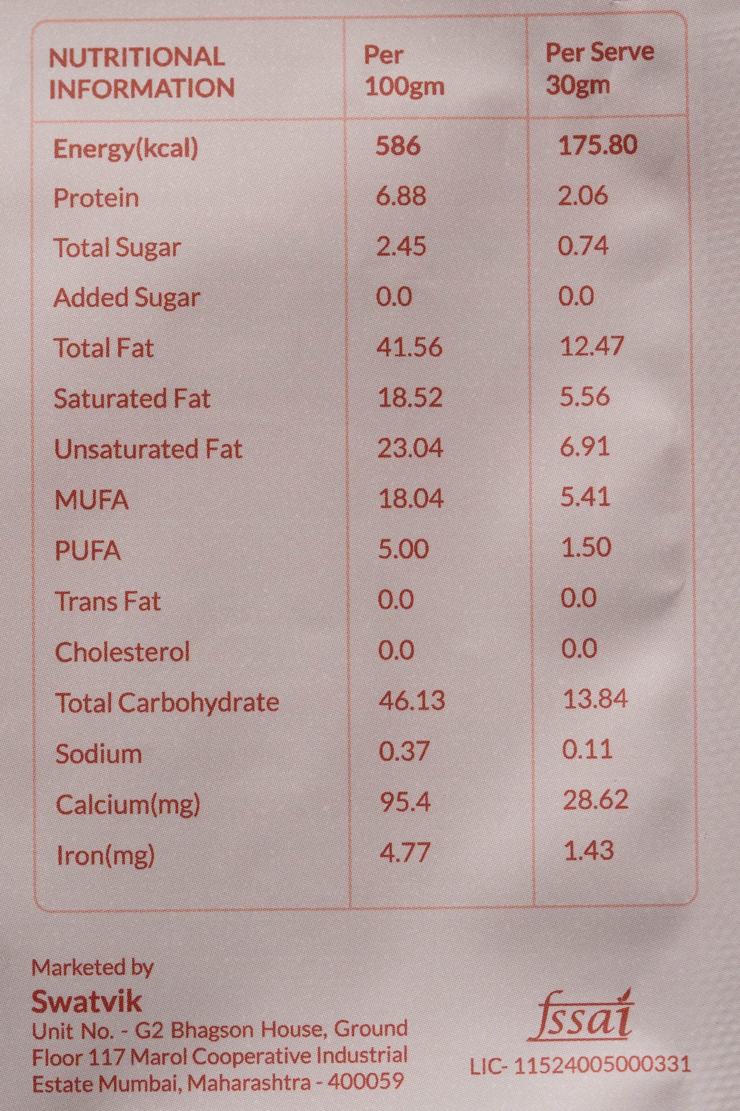 Nutritional info of Red Millet Namkeen – low fat, fibre-rich, preservative-free