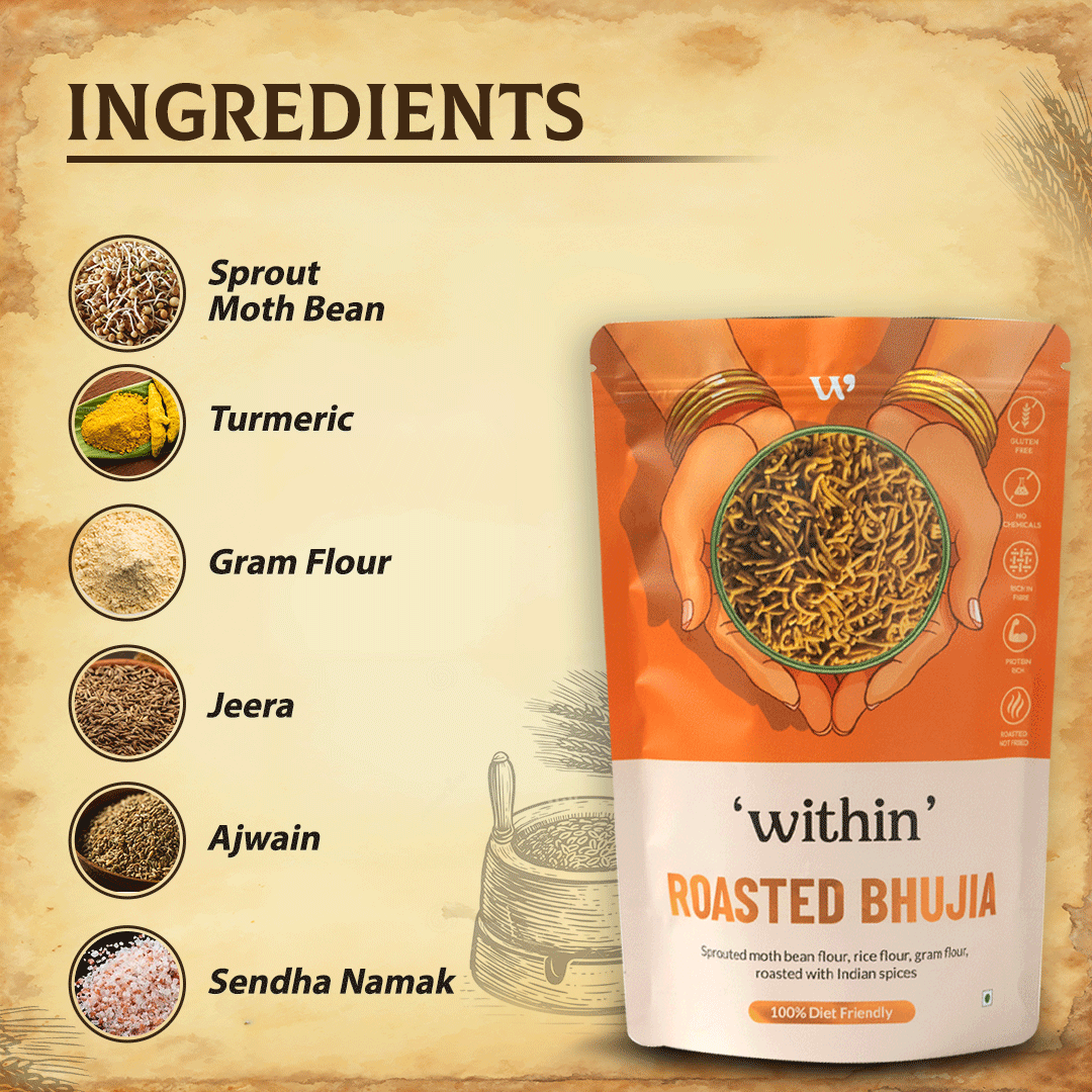 Roasted Bhujia served in bowl for snacking – clean eating by WithIn