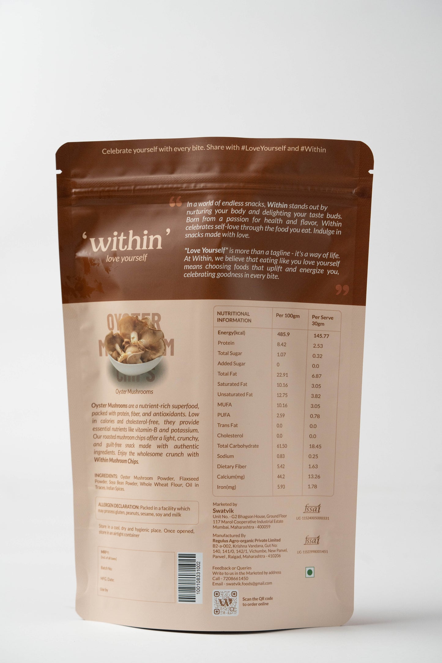 Back of Oyster Mushroom Chips pouch – ingredients and nutritional info
