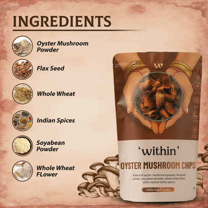 Ingredients of Oyster Mushroom Chips – mushrooms, flax seeds, clean spices