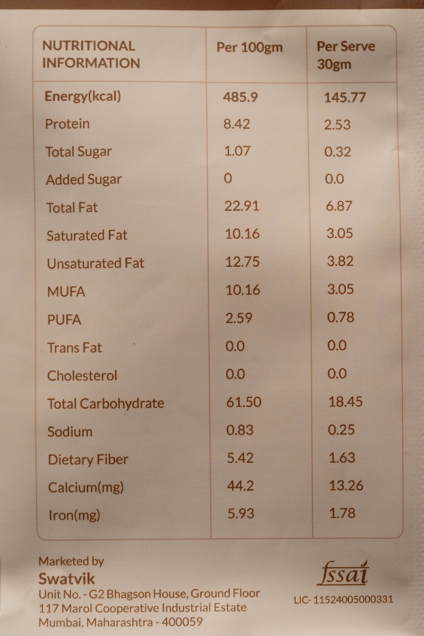 Nutrition chart of Oyster Mushroom Chips – baked, low calorie, high in fibre