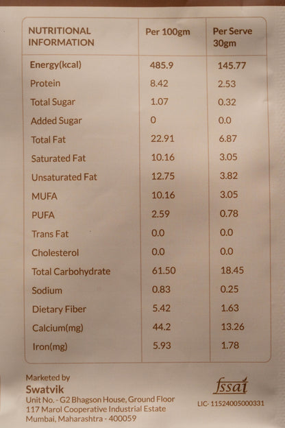 Nutrition chart of Oyster Mushroom Chips – baked, low calorie, high in fibre