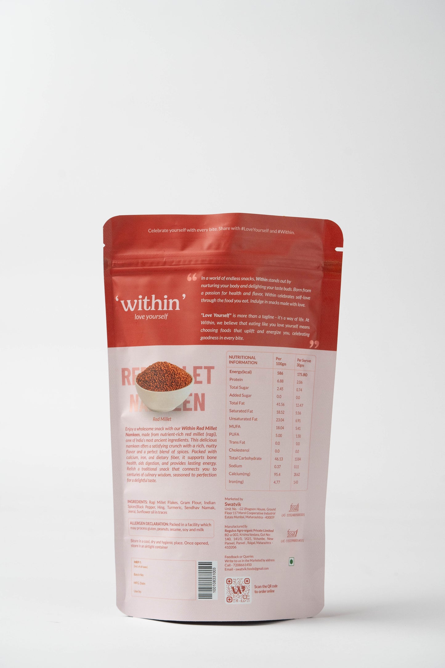 Back of zip-lock Red Millet Namkeen pouch showing ingredients and label