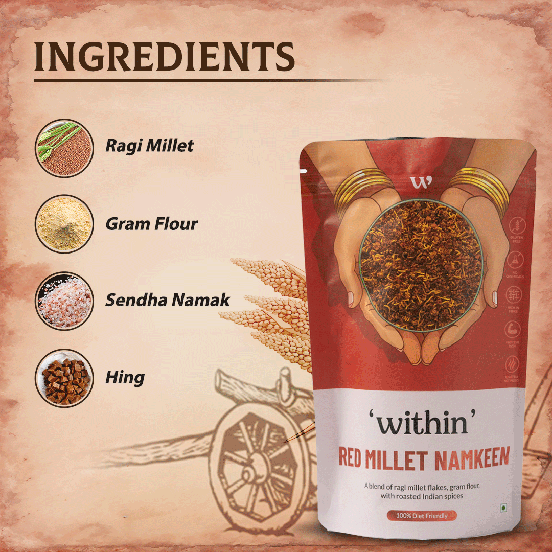 Natural ingredients of Red Millet Namkeen – made with ragi and clean spices