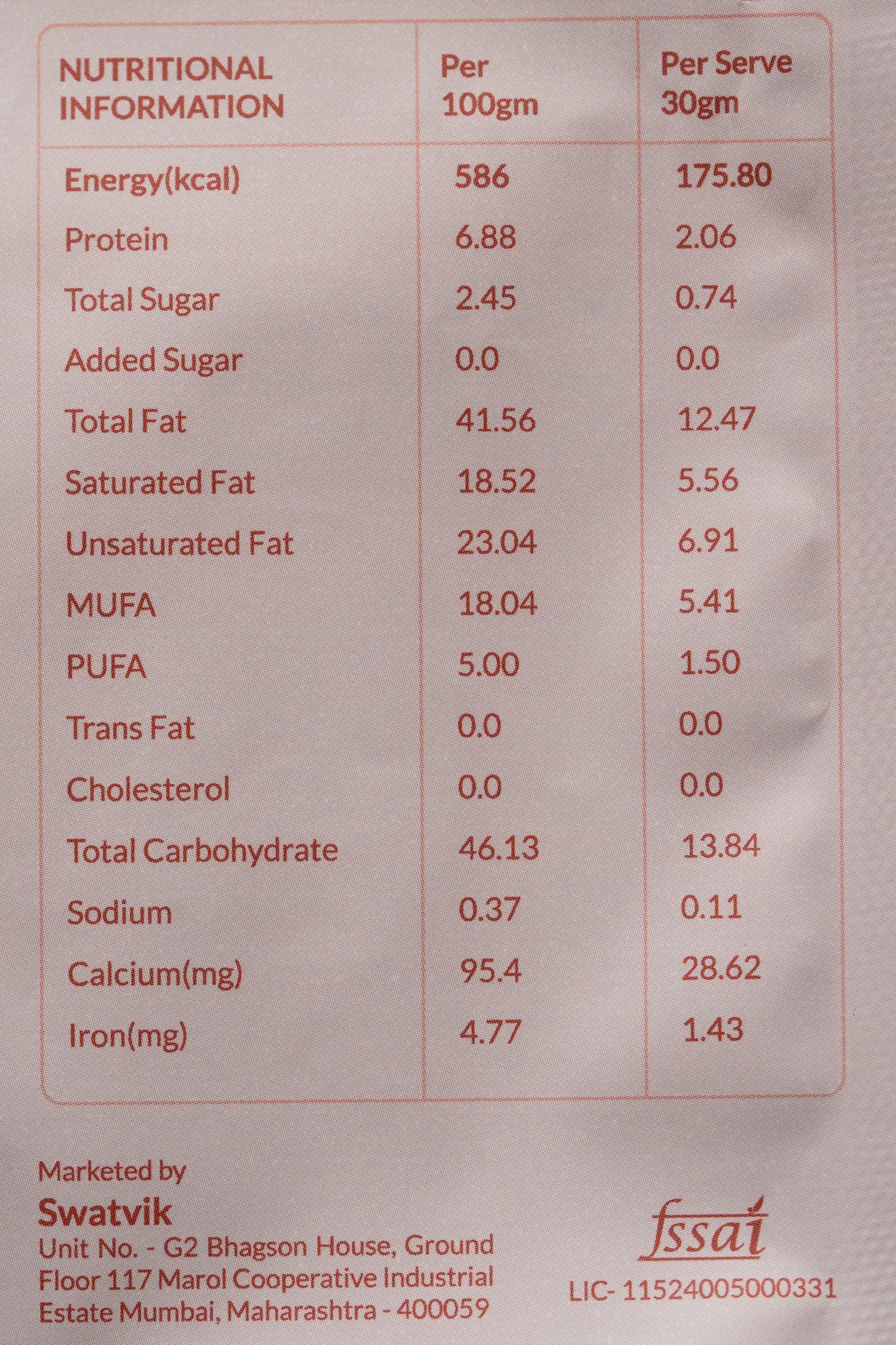 Nutritional info of Red Millet Namkeen – low fat, fibre-rich, preservative-free