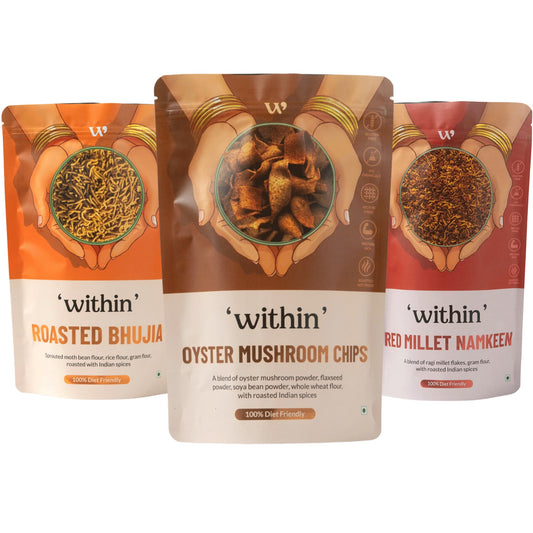 Combo pack of Roasted Bhujia, Oyster Mushroom Chips, and Red Millet Namkeen – healthy snack trio in zip-lock pouches by WithIn
